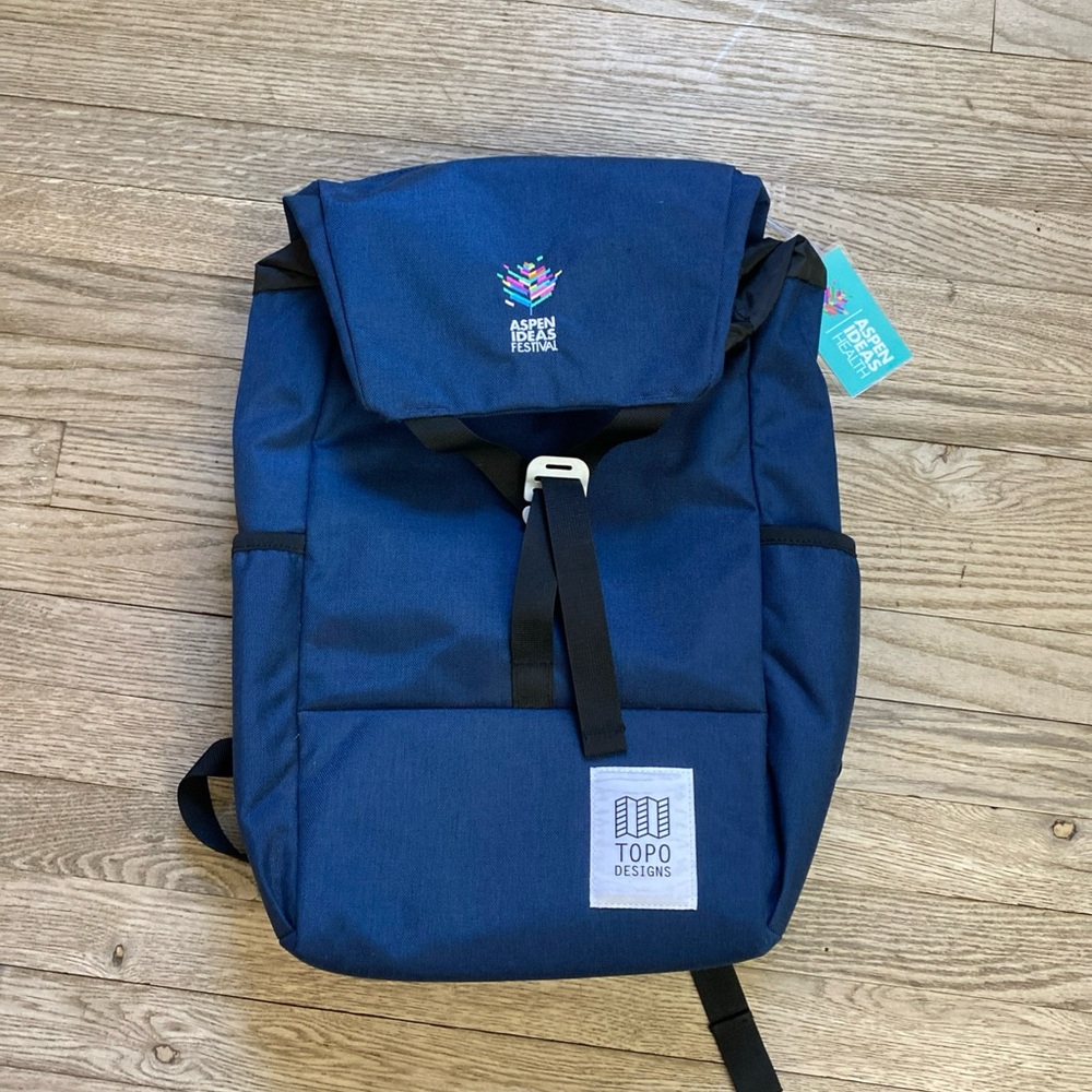 Topo Designs Blue Y-Bag Backpack Aspen Ideas Festival Logo EUC